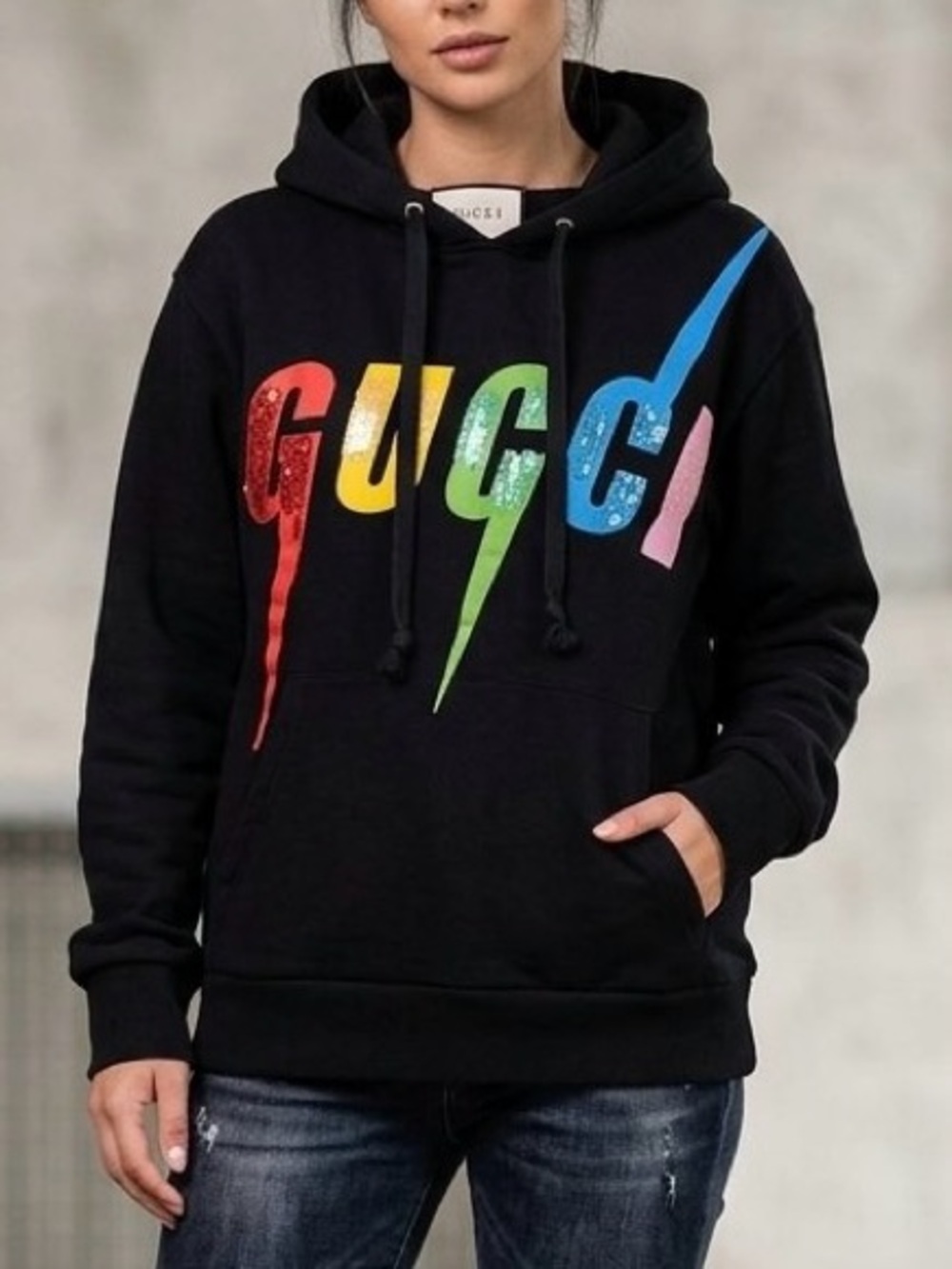 Gucci Black Crewneck Hoodie with Rainbow Glitter Logo Size S